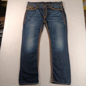 True Religion Jeans Mens 42x34 Blue Denim Super QT Straight Flaps Double Stitch